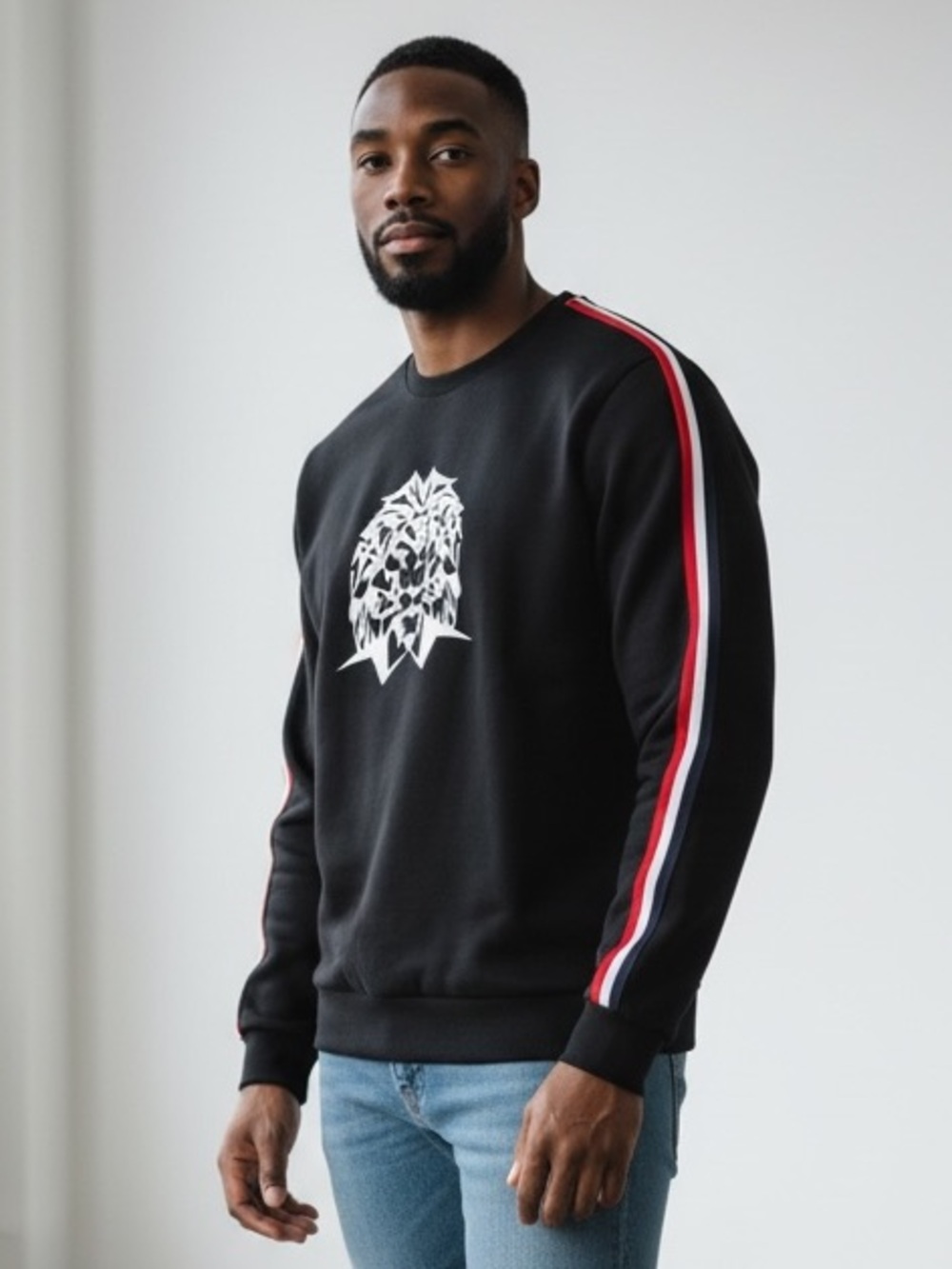 MACEOO Black Crewneck Sweatshirt with White Geometric Lion and Red-Trim Sleeves